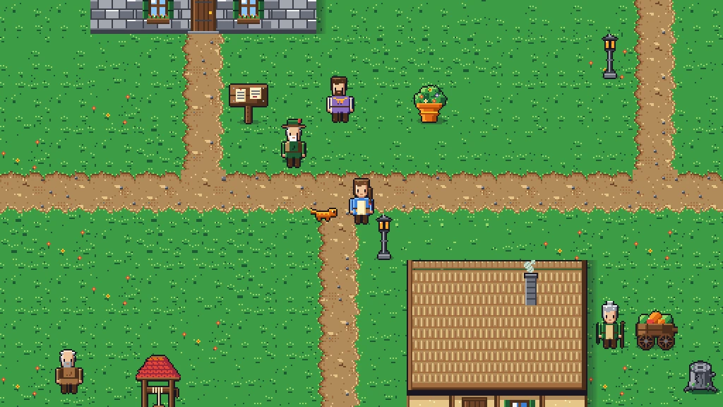 Brezo by day: Enna and Pip at the crossroads, with the villagers, the notice board, the well and Madre Sauce's cart.