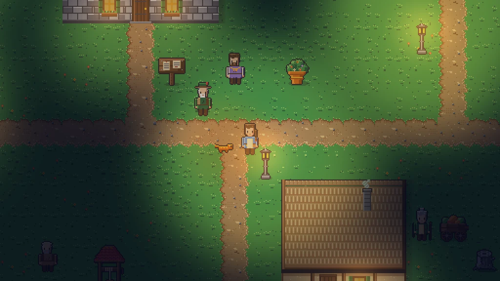 Brezo at night: darkness covers the village and only the windows, the lanterns, Enna and Pip give light.