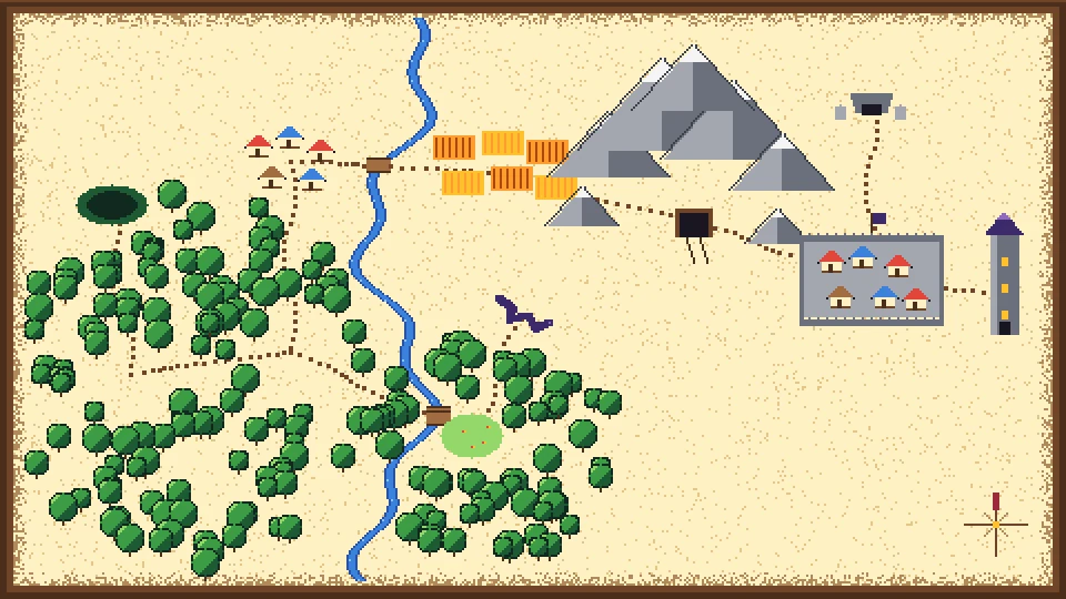 The map of Almar on parchment: the forest, the river, Brezo, the salt hills, the walled capital and the Tower, joined by paths.