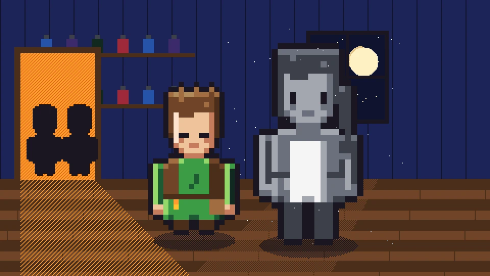 Prologue scene: Tiago, sad, in the laboratory at night, next to Enna turned into a stone statue.