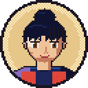 Bibiana, with dark hair tied up and red and blue clothes.