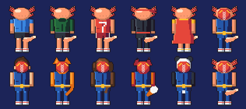 Arriba, el ajolote rosa corriendo con las seis ropas del juego: playera, sudadera, deportivo, ninja, el traje de leyenda con capa y el de luchador. Abajo, el niño, el gato, el perro, el zorro, el panda y el ajolote con la máscara roja de agujetas, mallas azules y cinturón dorado.