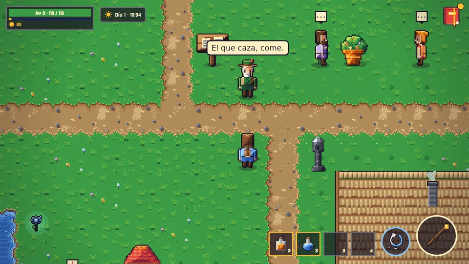 Brezo de día en la versión de antes: pasto verde muy saturado y parejo, un camino de tierra en cruz, vecinos con globos de diálogo y el techo de paja de una casa abajo a la derecha.