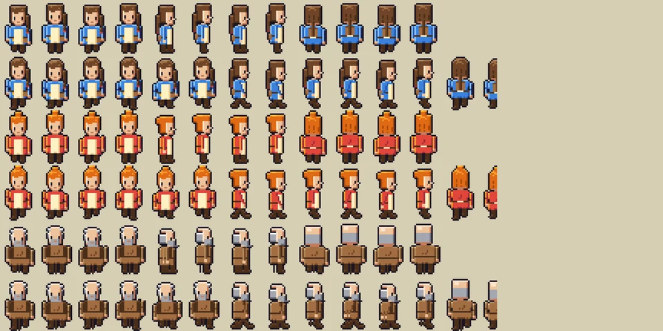 Hojas de animación de tres personas, una aprendiz de azul, un vecino pelirrojo y un anciano: en cada par de filas, arriba los cuatro dibujos de antes y abajo los seis de ahora, de frente, de lado y de espaldas.