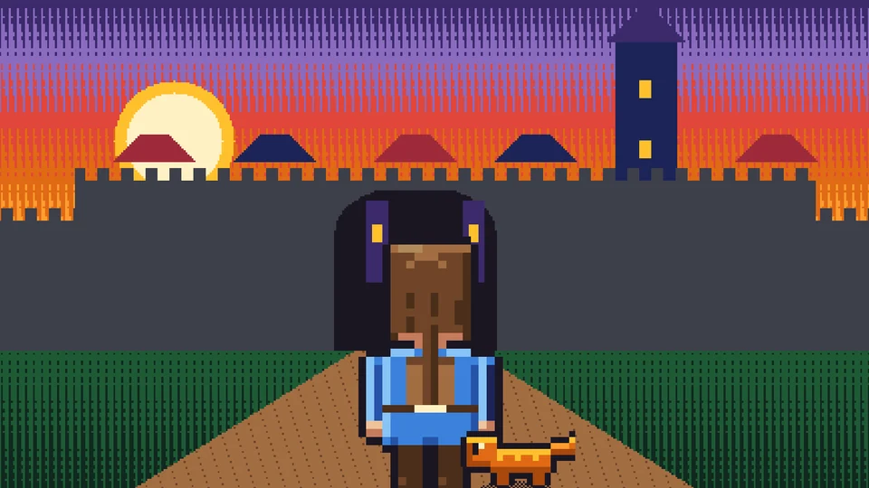 La llegada a la capital en la versión de antes: la aprendiz de espaldas frente a la muralla al atardecer, con Pip a su lado, de cabeza redonda.