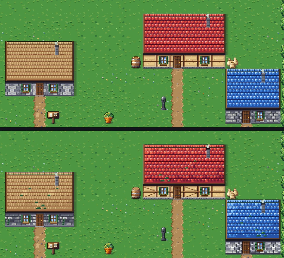 Tres casas de Brezo vistas desde arriba en dos versiones: arriba, techos rojo, azul y de paja con todas las tejas iguales; abajo, los mismos techos más claros arriba y más oscuros abajo, con manchas de musgo, y paredes con vigas en diagonal y una hiedra.