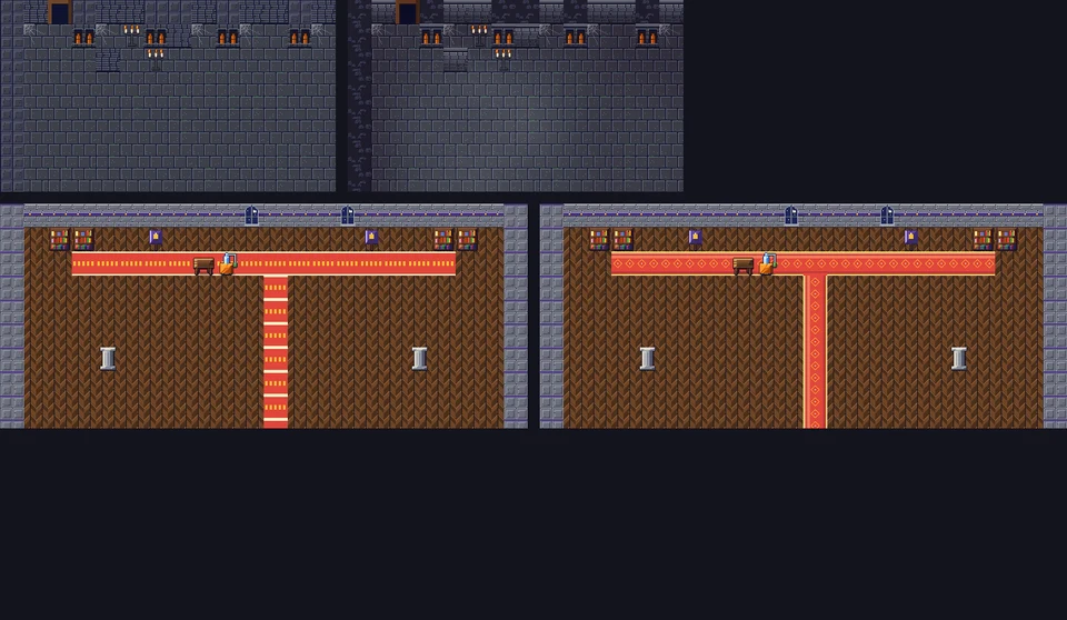 Arriba, un pasillo de las catacumbas antes y ahora: antes los muros y el piso eran del mismo gris; ahora lo alto del muro es oscuro y se distingue. Abajo, el salón de la Torre con su alfombra roja, antes lisa y ahora tejida con rombos dorados.