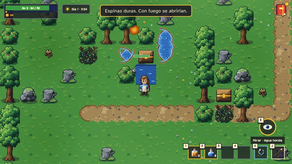 El mismo rincón del bosque ahora: el agua tiene orilla redonda de tierra, como dos charcos, y el árbol de abajo es un arbusto.