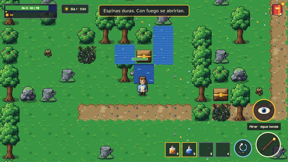 Un rincón del bosque en la versión de antes: tres rectángulos de agua azul sin orilla, pegados al pasto, alrededor de un cofre, con árboles y arbustos alrededor.