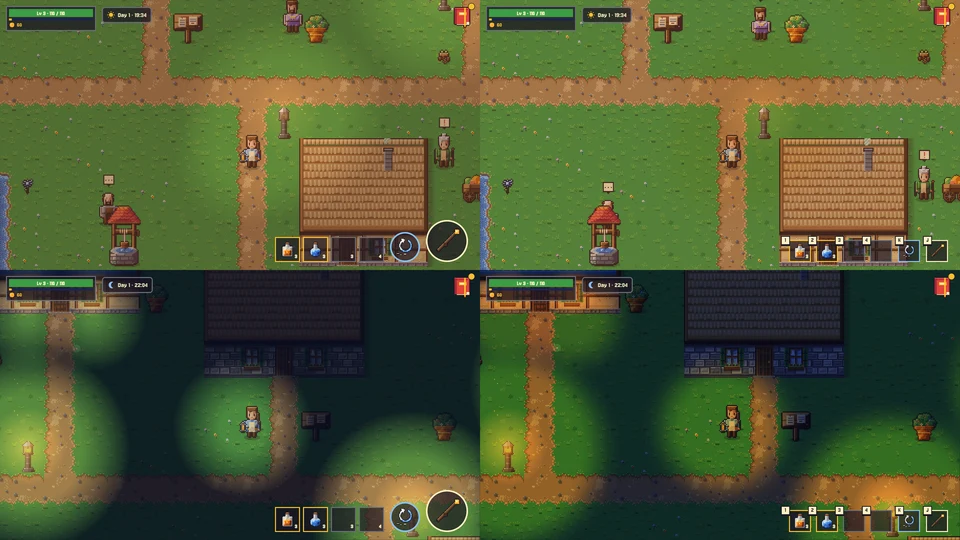 Cuatro capturas de Brezo: arriba, al atardecer, antes y ahora, casi iguales y doradas; abajo, de noche, antes con círculos de luz verde y ahora con luz naranja suave sobre el camino.