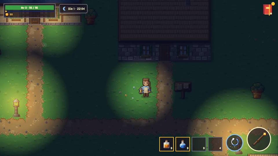 Brezo de noche en la versión de antes: el pasto oscuro y verdoso, con círculos de luz amarilla de bordes marcados alrededor de los faroles y de la aprendiz.
