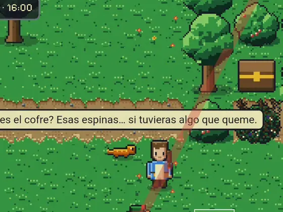 Animación de un combate en El Aprendiz de Almar: el aprendiz lanza un frasco y pelea con un lobo y un jabalí en el Bosque de Ámbar; los golpes aplastan a los enemigos un instante.