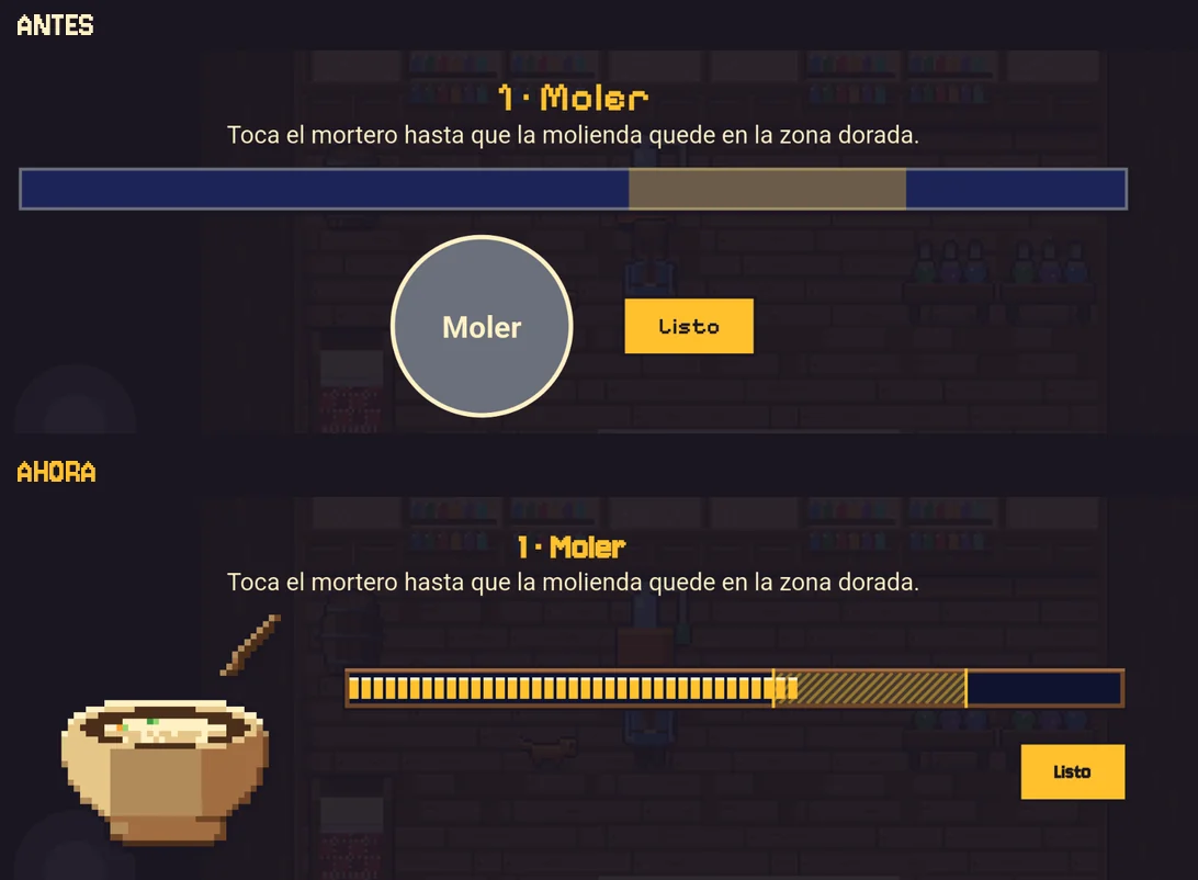 La etapa de moler del alambique antes y ahora: antes, un círculo gris con la palabra Moler y una barra plana; ahora, un mortero de barro con polvo adentro y una barra de bloques dorados en su zona.