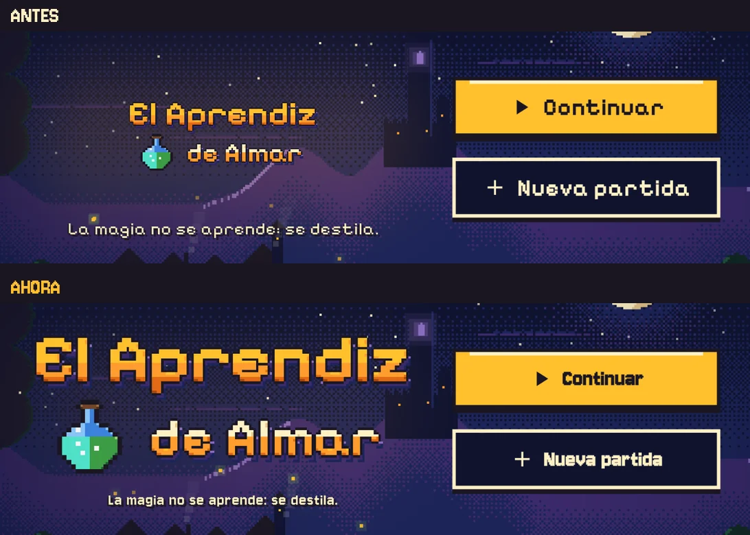 La pantalla de inicio antes y ahora: antes, el logo pequeño y el botón Continuar con una C que parece O; ahora, el logo al doble de tamaño y los botones con una letra más abierta.