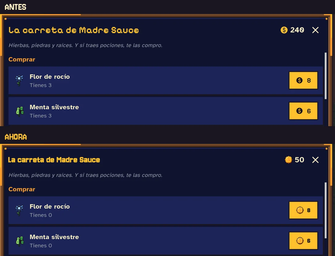La carreta de Madre Sauce antes y ahora: antes, el saldo y los precios con el signo de pesos; ahora, con una moneda de oro del reino, y Tienes 0 con el cero sin raya.