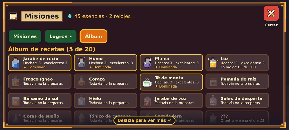 La pestaña Álbum: «Álbum de recetas (5 de 20)» con fichas por receta; Jarabe de rocío, Humo, Pluma y Té de menta dicen «Hechas 3, excelentes 3, Dominada»; Luz dice «La mejor: 80 de 100»; las demás dicen «Todavía no la preparas» y la última, en sombra, «Orbel la enseña el día 23».