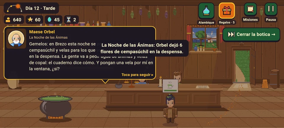 La carta de Maese Orbel en la tarde: dice que esa noche en Brezo se ponen altares con flores de cempasúchil y velas, que dejó flores en la despensa y que el cuaderno dice cómo preparar el agua de ánimas y la vela de copal. Abajo, el aviso: Orbel dejó 6 flores de cempasúchil en la despensa.