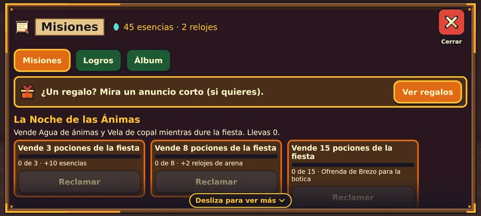 La pantalla de Misiones durante la fiesta: arriba, las pestañas Misiones, Logros y Álbum; abajo, la ruta de la Noche de las Ánimas con tres metas (vender 3, 8 y 15 pociones de la fiesta) y su premio: 10 esencias, 2 relojes de arena y la ofrenda de Brezo para la botica.