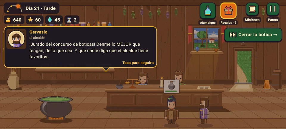 La tarde del día 21: el alcalde Gervasio dice en el bocadillo «¡Jurado del concurso de boticas! Denme lo MEJOR que tengan, de lo que sea. Y que nadie diga que el alcalde tiene favoritos». Abajo, la fila de vecinos y uno de los gemelos detrás del mostrador.