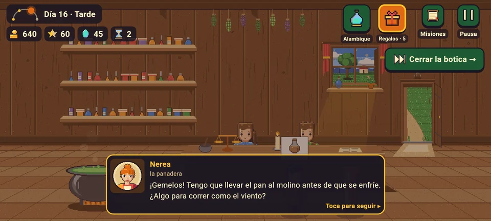 Antes: Nerea, la panadera, habla en un recuadro oscuro abajo al centro, encima del mostrador; el recuadro tapa a los gemelos y a la fila.
