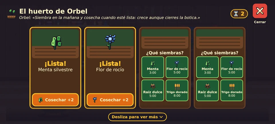 Antes: el huerto de Orbel sobre un fondo oscuro liso, con cuatro parcelas: dos listas para cosechar (menta silvestre y flor de rocío) y dos vacías que preguntan qué sembrar.