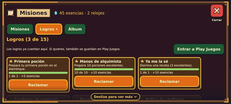 La pestaña Logros: «Logros (3 de 15)», el texto «Los logros ya cuentan aquí. Si quieres, también se guardan en Play Juegos» con el botón «Entrar a Play Juegos», y tres tarjetas: Primera poción, Manos de alquimista y Ya me la sé, cada una con su barra completa y el botón Reclamar.