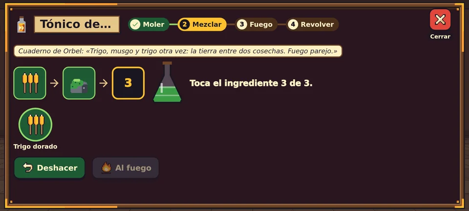 El paso de mezclar del Tónico de cosecha: arriba, los cuatro pasos (Moler, Mezclar, Fuego y Revolver); el cuaderno de Orbel dice trigo, musgo y trigo otra vez; en la fila van trigo dorado, pedernal y un hueco con el 3, y a la derecha el matraz dibujado se llena de verde.