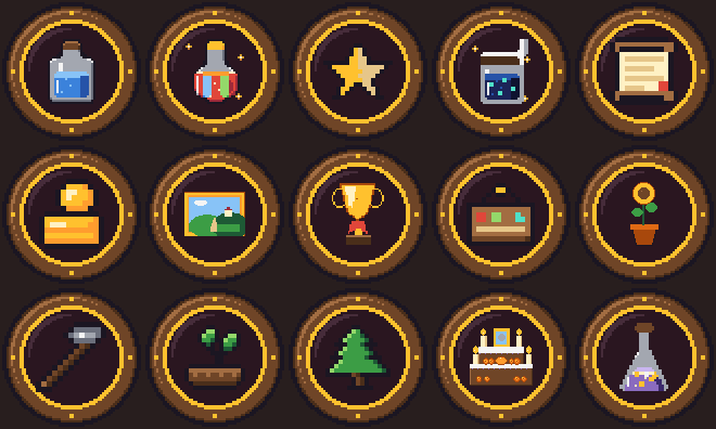 Quince medallas redondas de madera con aro dorado, cada una con un dibujo: un frasco azul, una poción roja, una estrella, un frasco con chispas, un pergamino, monedas, un cuadro de Brezo, una copa, un estante con frascos, un girasol, un martillo, brotes en la tierra, un pino, un altar con velas y un matraz con polvo morado.