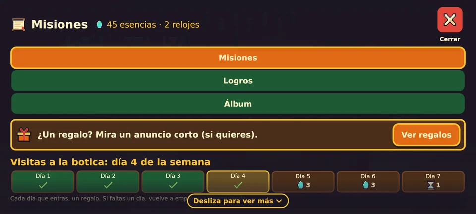 Antes: la pantalla de Misiones sin marco, con las tres pestañas (Misiones, Logros y Álbum) apiladas una debajo de otra a lo ancho, empujando el contenido hacia abajo.