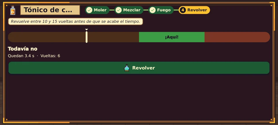 El cuarto paso del Tónico de cosecha, Revolver: el texto pide dar entre 10 y 15 vueltas antes de que se acabe el tiempo; una barra con la zona verde «¡Aquí!», la cuenta «Quedan 3.4 s, vueltas: 6» y el botón Revolver.