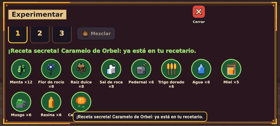 La misma pantalla después de mezclar: arriba dice en verde «¡Receta secreta! Caramelo de Orbel: ya está en tu recetario».