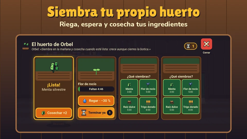 Una de las capturas de la ficha de Google Play: arriba dice «Siembra tu propio huerto» y abajo se ve el huerto de Orbel con una parcela lista, una flor de rocío creciendo y dos parcelas por sembrar.
