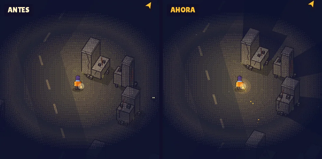 El mismo momento de Lumbre, la última luz en la costa, antes y ahora: a la izquierda la luz del farolero es un círculo parejo sobre las ruinas; a la derecha las ruinas proyectan sombras, sus paredes se calientan del lado de la lámpara y el aire se ve más frío.