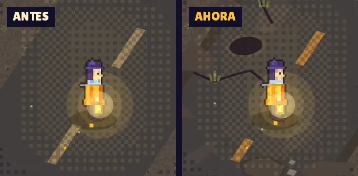 Animación de un disparo en Lumbre, la última luz, antes y ahora: ahora la chispa que sale de la lámpara lleva un resplandor y la lámpara da un fogonazo al disparar.