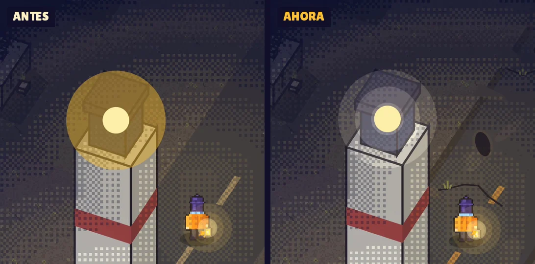 El mismo momento de Lumbre, la última luz junto a un faro, antes y ahora: antes el foco del faro era un disco amarillo parejo que tapaba la torre; ahora es un resplandor crema en anillos que se ve de luz eléctrica y deja ver la torre.
