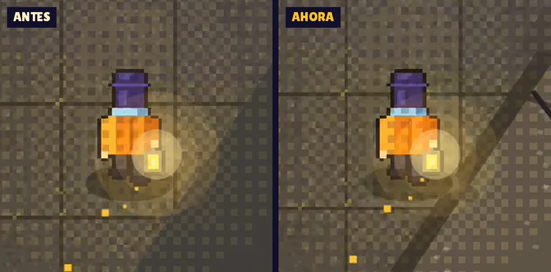 El farolero de Lumbre, la última luz de cerca, antes y ahora: ahora el lado de su abrigo que da hacia la lámpara se ve más cálido y con la orilla encendida.