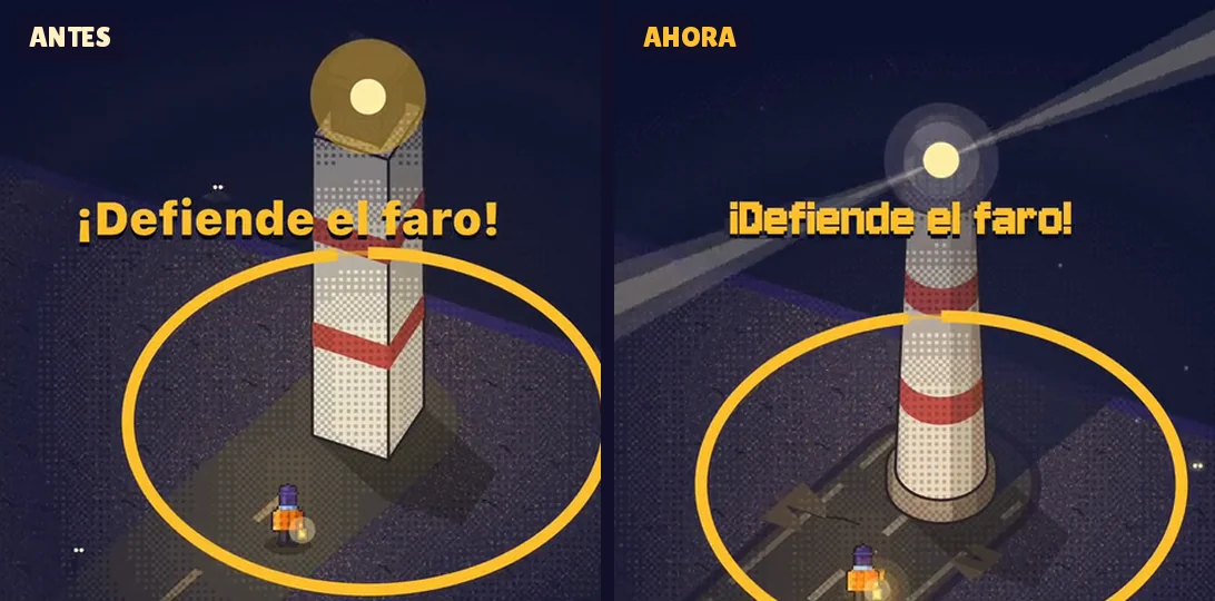 El mismo momento de Lumbre, la última luz, antes y ahora, con el faro al 97 % de encendido: antes era una torre cuadrada con un disco de luz arriba; ahora es una torre redonda que se angosta, con anillos rojos, balcón, cuarto de vidrio y cúpula, y un haz de luz que sale hacia los dos lados.