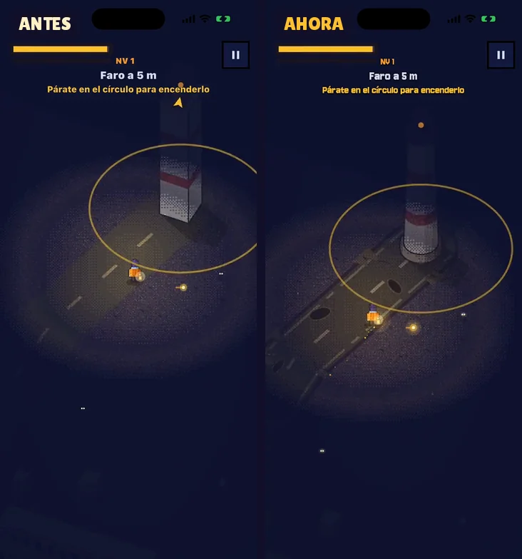La pantalla de Lumbre, la última luz a cinco metros del faro, antes y ahora: ahora el círculo del encendido y el faro redondo quedan al centro, con el farolero justo debajo.