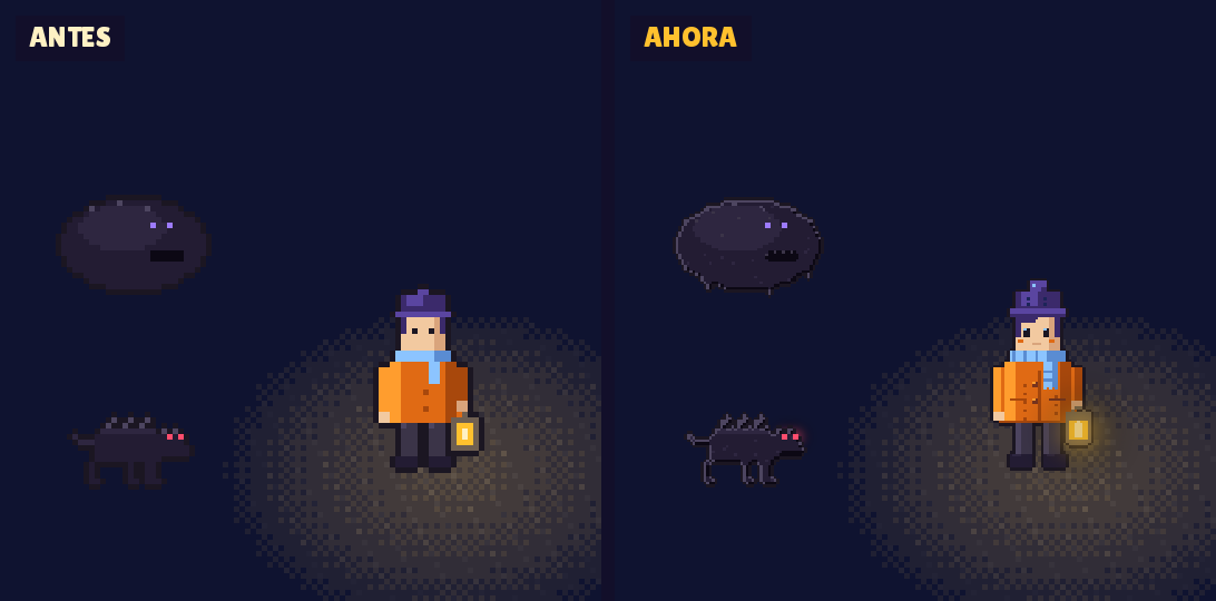 El farolero y dos Sombras de Lumbre, la última luz, antes y ahora, al mismo tamaño: ahora tienen el doble de detalle, y la flama de la lámpara y los ojos de las Sombras brillan con un halo suave.