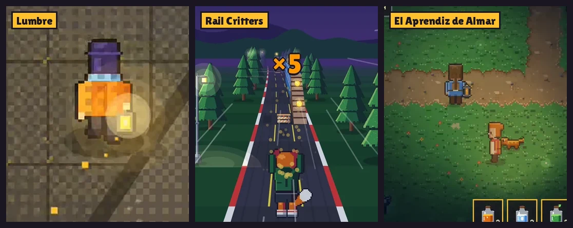 Tres escenas de noche, una de cada juego: en Lumbre, el farolero con su lámpara que le alumbra el costado; en Rail Critters, el zorro corre entre pinos con un farol que ilumina la carretera; en El Aprendiz de Almar, la aprendiz y su hermano caminan por un sendero con la luz cálida de un farol.