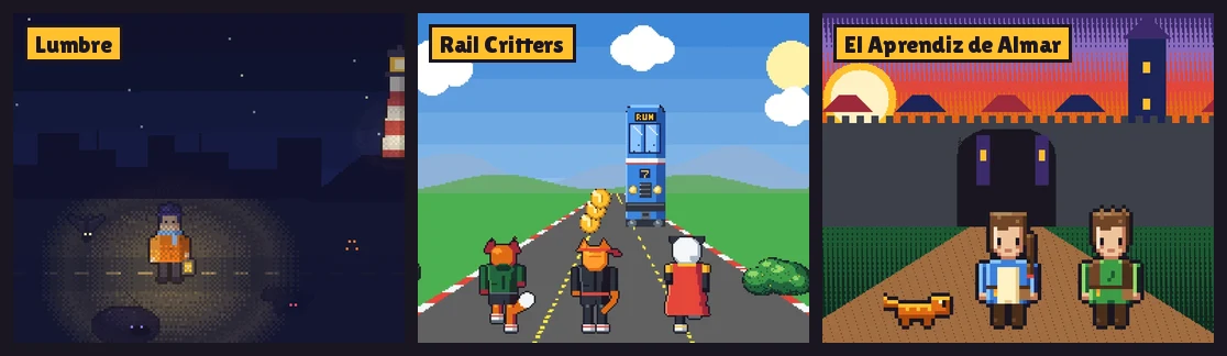 Los tres juegos del estudio lado a lado: el farolero de Lumbre en la noche con su lámpara, el zorro y la pandilla de Rail Critters en la carretera de la pradera, y los gemelos de El Aprendiz de Almar con Pip frente a la capital amurallada.