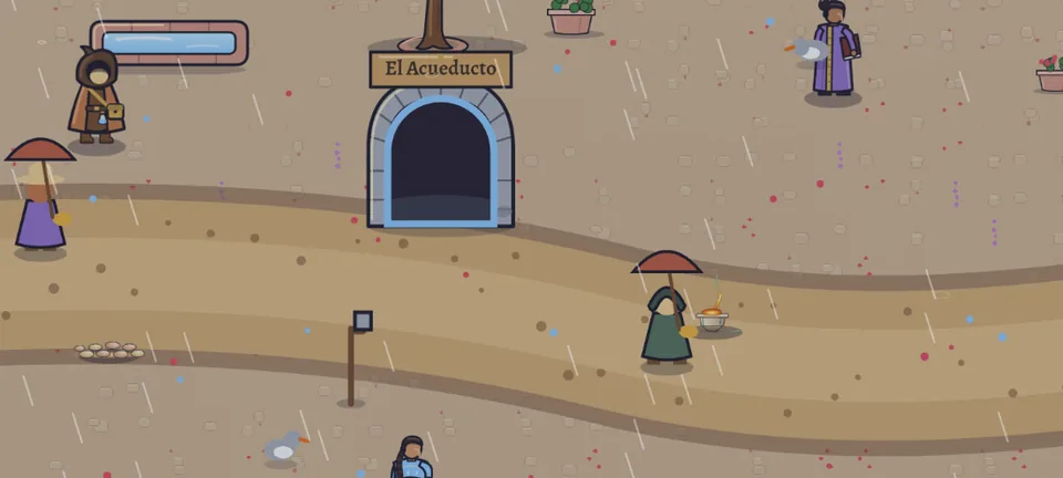 Antes: la capital con lluvia y el mismo arco de piedra con la placa «El Acueducto», junto a gente con paraguas.