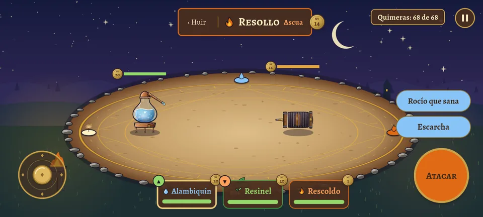 Ahora: la arena contra Resollo; la placa dice «Huir», una llama y «Resollo · Ascua» con borde naranja; abajo, la ficha de Alambiquín con un triángulo verde hacia arriba y la de Resinel con uno naranja hacia abajo.