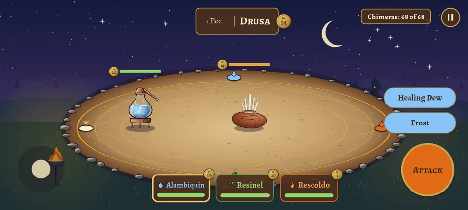 Antes, en inglés: la arena de noche contra Drusa; la placa de arriba sólo dice «Flee» y «Drusa»; abajo, las fichas de Alambiquín, Resinel y Rescoldo sin ninguna marca.