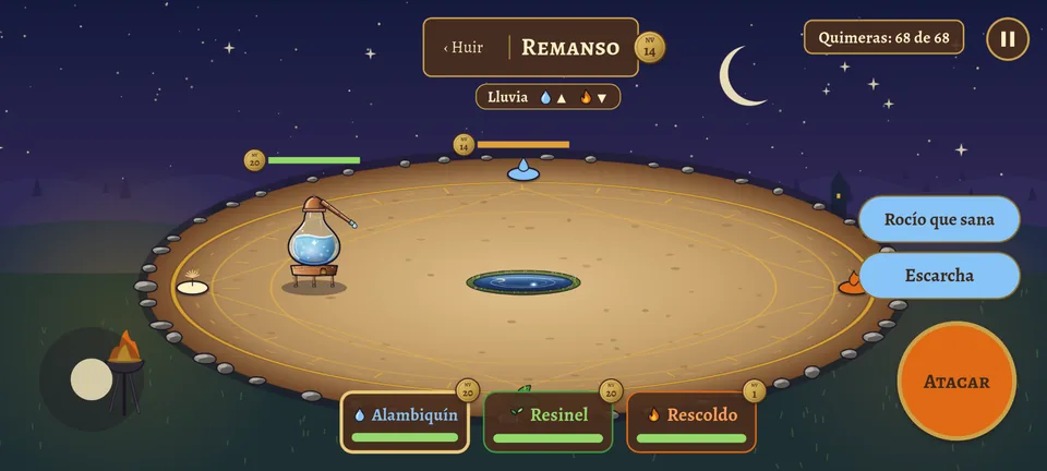 La arena de noche contra Remanso: arriba, debajo del nombre del rival, un letrero que dice «Lluvia» con una gota y una flecha hacia arriba y una llama con una flecha hacia abajo; abajo, las fichas de Alambiquín, Resinel y Rescoldo.
