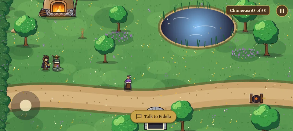 Antes, en la vuelta en inglés de esa mañana: los Campos de Brezo con un botón alargado abajo al centro, «Talk to Fidela», encima del camino y de un arco.