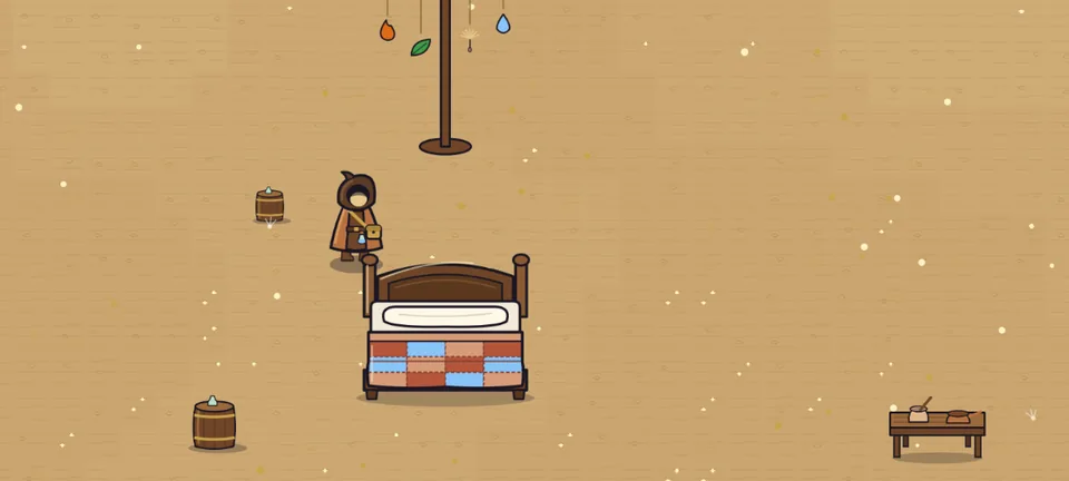 Ahora: la misma esquina del taller con la cama de tres cuartos: cabecera de madera atrás, la almohada y el colchón, y la colcha de remiendos de colores cayendo por delante; el alquimista está parado junto a ella.