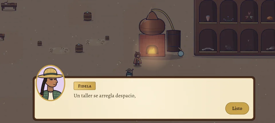 Ahora: Fidela habla en el taller de noche; su retrato en el óvalo es de pecho para arriba, con sombrero de palma, trenza, ojos con brillo, sonrisa y el cuello bordado de su blusa. Dice: «Un taller se arregla despacio,».