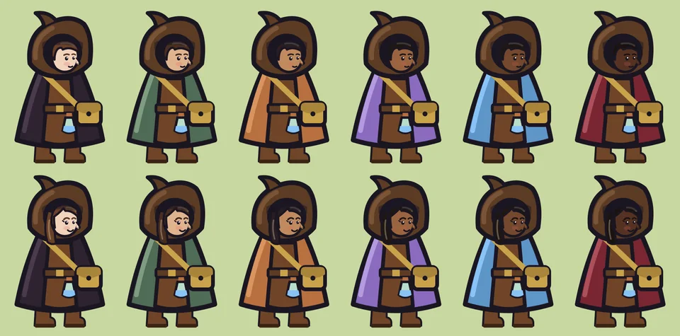 Doce aprendices en dos filas: arriba seis como él y abajo seis como ella, cada uno con un tono de piel distinto, de muy claro a muy oscuro, y con capas de colores distintos.