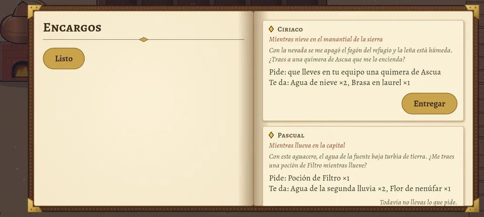 La tabla de encargos del taller con dos encargos del clima: Ciriaco, «Mientras nieve en el manantial de la sierra», pide llevar una quimera de Ascua y da agua de nieve y brasa en laurel; Pascual, «Mientras llueva en la capital», pide una poción de Filtro porque el agua de la fuente baja turbia.